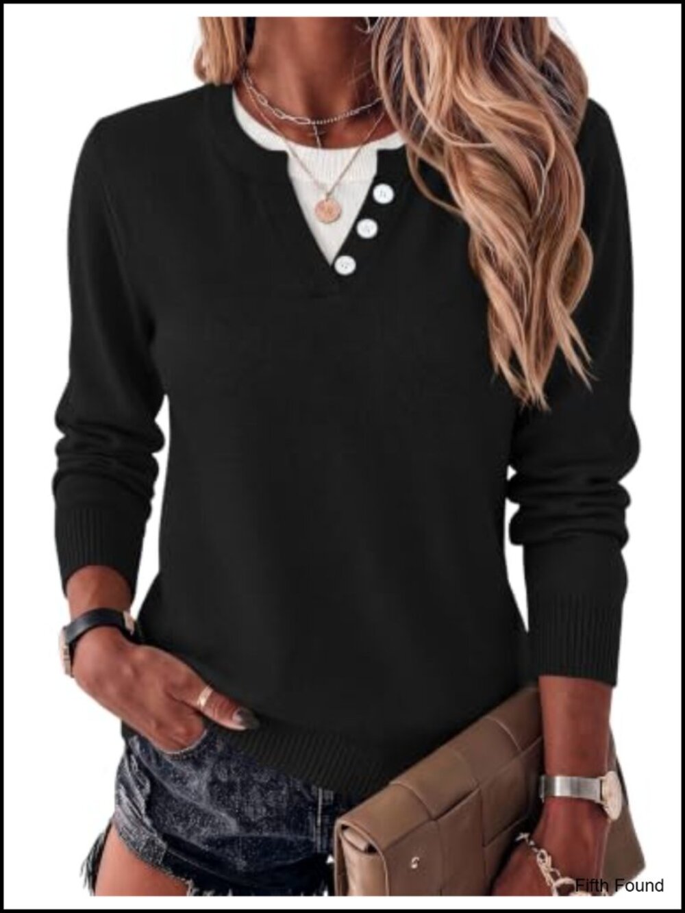 Women's Lightweight Knit Pullover Sweater Faux Layer Button Ribbed Top